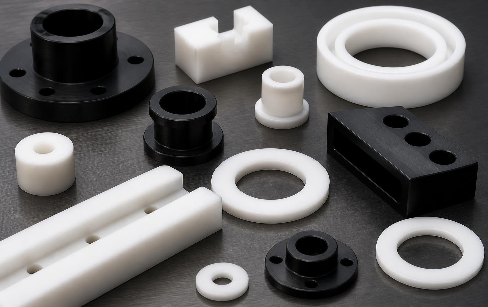 Piezas plásticas técnicas mecanizadas en nylon, POM y UHMW-PE sobre superficie metálica